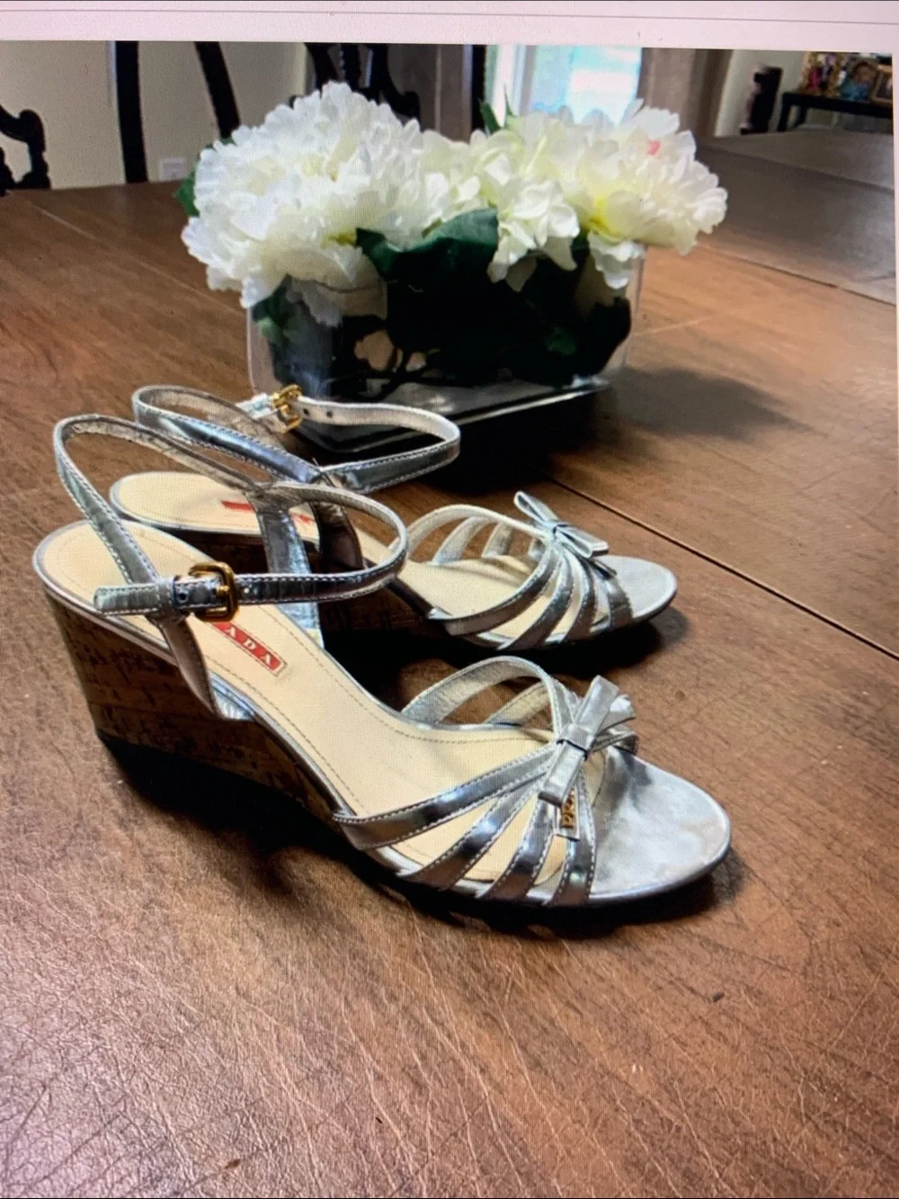 Prada Silver patten leatherDonna Bow cork wedge sandals